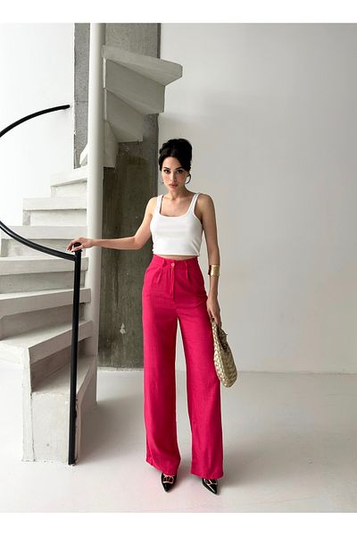 POP STORY High Waist Draped Linen Textured Women's Trousers