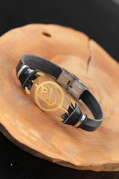 SeyCey.co Gold Color Elif Vav Black Color Leather Men's Bracelet with Metal Accessories