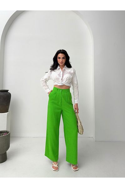 POP STORY High Waist Draped Linen Textured Women's Trousers