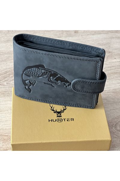 Micutz Men's Wallet Genuine Leather Personalized with Carp, 9.5x12x2 cm, Black, RFID Protection, Hunter