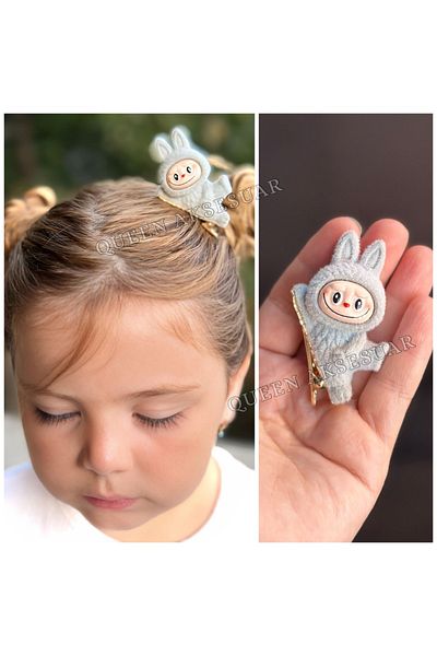 QUEEN AKSESUAR New Trend 3D Feathered Labubu Toy Figured Clamp Buckle Gray