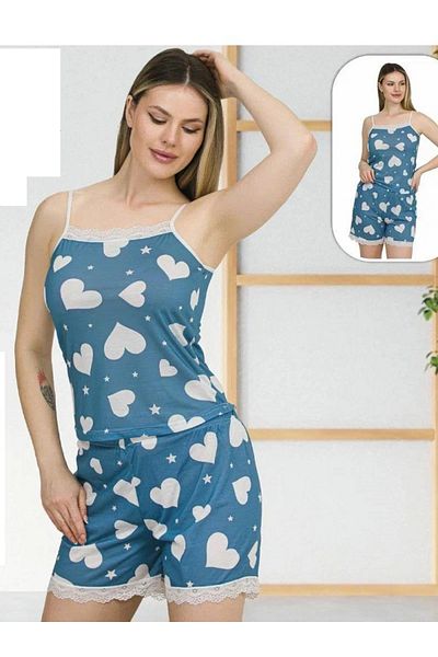 Wonder Girl Wonder Girl 2-Piece Set with Suspender Shorts Soft Fabric Blue Color Heart Pattern