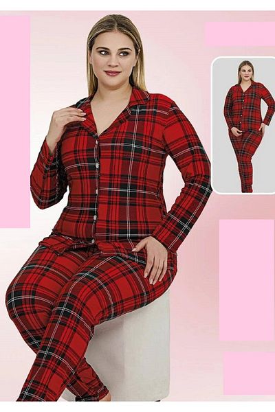 Wonder Girl Wonder Girl Battal Size Long Sleeve Buttoned Soft Fabric 2 Piece Set Red Color