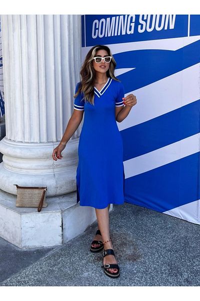 MRA Fashion   Women's Short Sleeve V-Neck And Lapel Ribbed Detail Midiboy Viscose Dress