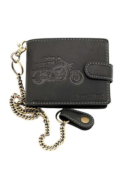 Micutz Personalized Men's Wallet with Motorcycle Made of Genuine Leather, Motorcycle Chain, 12x10x3 cm, Black