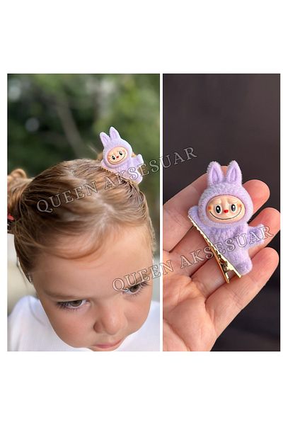 QUEEN AKSESUAR New Trend 3D Furry Labubu Toy Figured Clamp Buckle Lilac Purple