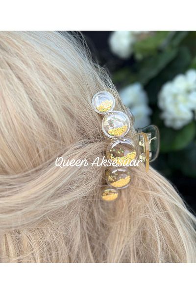 QUEEN AKSESUAR Large Bubble Balloon Ball Moving Sequin Glitter Transparent Acrylic Latch Buckle Yellow 10.5cm