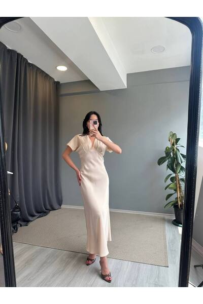 Hotfashion V Yaka Midi Boy Dikiş Detaylı Saten Elbise
