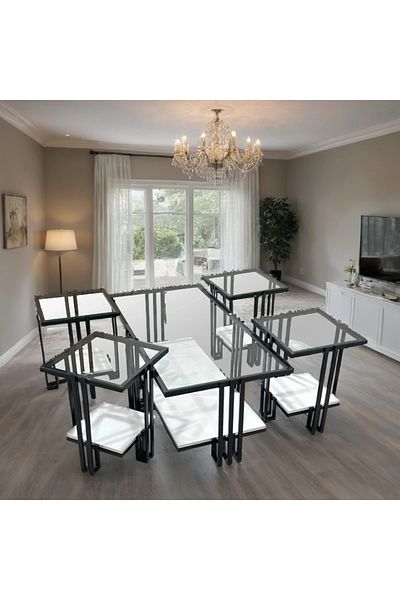 Ch 5-piece glass table set with wood and iron legs