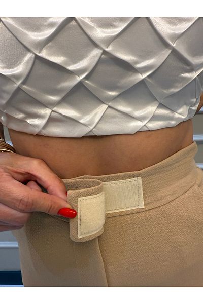 geenz manifacture Denisa Beige Παντελόνι με ρυθμιζόμενο μέση με ψηλόμεσο Palazzo Lycra