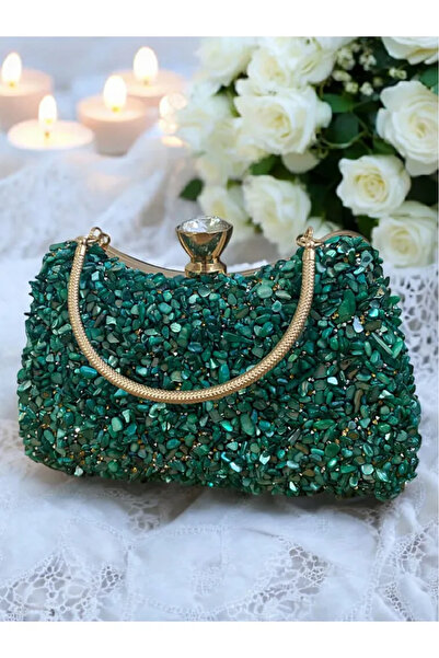 Jale Geantă de seară elegantă, verde, pentru braț și umăr, cu pietre