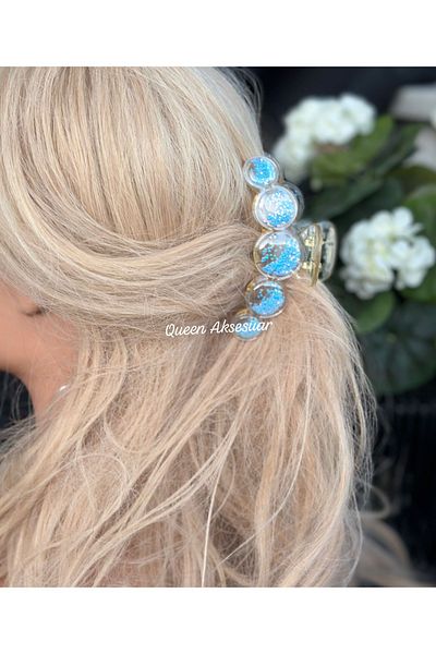 QUEEN AKSESUAR Large Bubble Balloon Ball Moving Sequin Glitter Transparent Acrylic Latch Buckle Blue 10.5cm