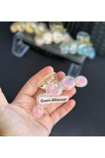 QUEEN AKSESUAR Large Bubble Balloon Ball Moving Sequin Glitter Transparent Acrylic Latch Buckle Pink 10.5cm