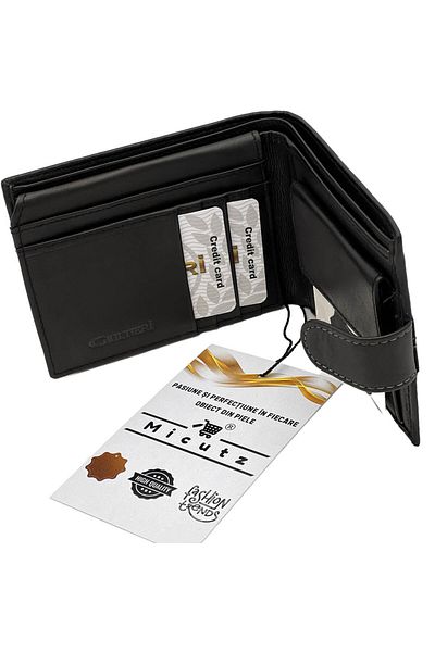 Micutz Men's Wallet Black Natural Cowhide Leather, 12x9.5x2 cm