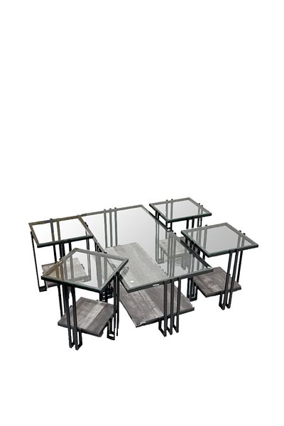 Ch 5-piece glass table set with wood and iron legs