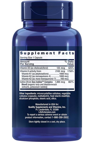 Life Extension Vitamins D and K Sea-Iodine D3 K1 K2 Iodine Supports Immune Arterial Thyroid Health