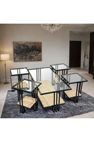 Ch 5-piece glass table set with wood and iron legs
