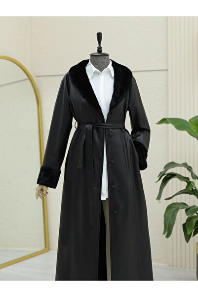 Genel Markalar Kolu Ve Yakası Peluşlu Bağcıklı Deri Pardesü -Siyah -COLLECTION