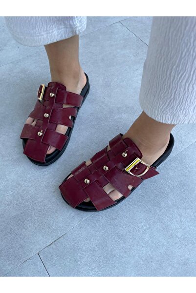Elvinin Tarzı Pia Burgundy Patent Leather Bead Detailed Slippers