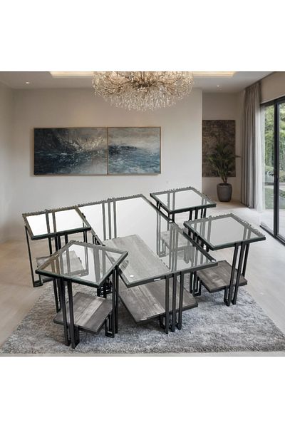 Ch 5-piece glass table set with wood and iron legs