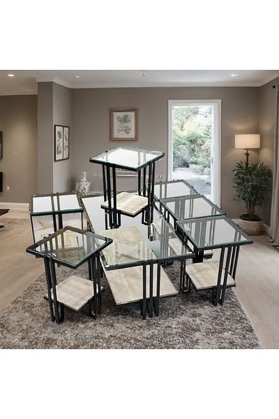 Ch 7-piece glass table set with wood and iron legs