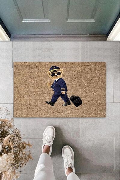 Mu Art Ahşap Bfs Beige Door Mat Pilot Teddy Bear Pattern K-3324
