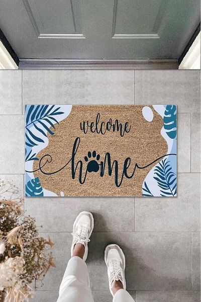 Mu Art Ahşap Bfs Digital Printing Brown Blue Leaf Welcome Home Decorative Door Mat K-2007