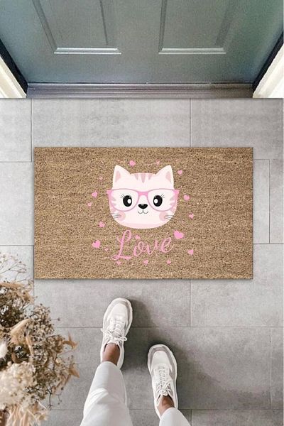 Mu Art Ahşap Bfs Digital Printing Brown Love Written Pink Glasses Cat Decorative Door Mat K-2048