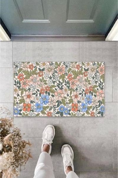 Mu Art Ahşap Bfs Digital Multiple Flowers Pink Door Mat Outdoor Door Mat K-3054