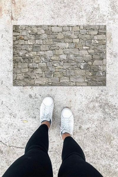 Mu Art Ahşap Bfs Digital Printing Gray Stone Wall Pattern Door Mat K-1063