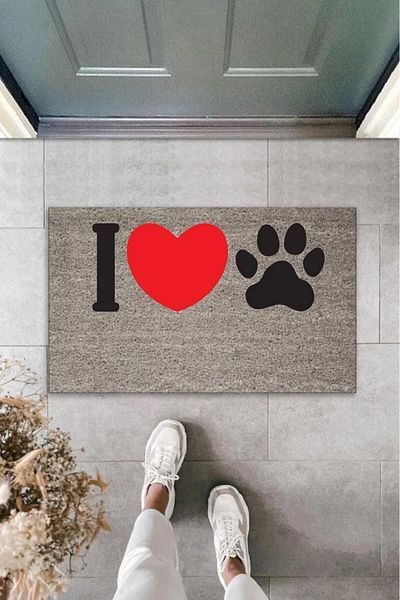 Mu Art Ahşap Bfs Digital Printing Gray I Love Paw Red Heart Decorative Door Mat K-2075
