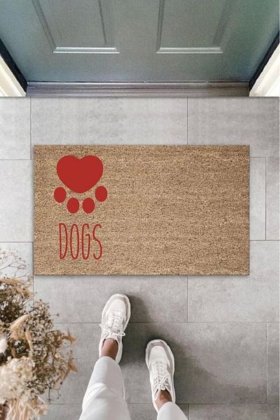 Mu Art Ahşap Bfs Digital Printing Brown Red Heart Dogs Decorative Door Mat K-2072