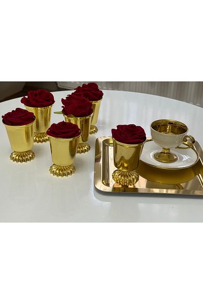 SEVA ÇELİK Gold Color 6 Pieces Patterned Footed Rose Bucket Red Roses Included