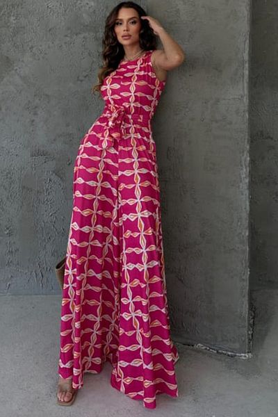 ESSFASIHON Patterned Wide Leg Thick Strap Jumpsuit with Double Side Pockets