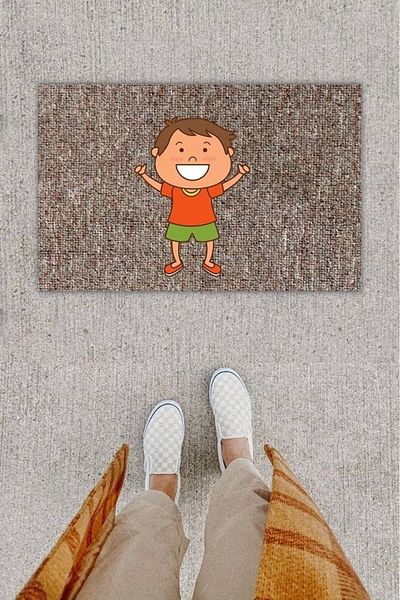 Mu Art Ahşap Bfs Digital Printing Decorative Smiling Child Gray Door Mat K-1286