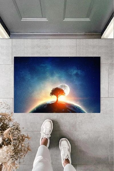 Mu Art Ahşap Bfs Digital Galaxy Tree Blue Door Mat Outdoor Mat K-2114