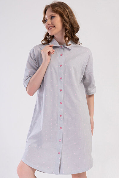 VİENETTA Women's Cotton Off Shoulder All Button Short Sleeve Nightgown , 408031