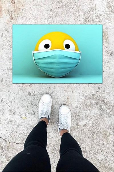 Mu Art Ahşap Bfs Digital Printing Blue Masked Emoji Pattern Door Mat