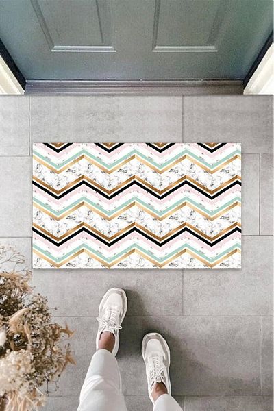 Mu Art Ahşap Bfs Digital Printing White Zigzag Door Mat K-3083