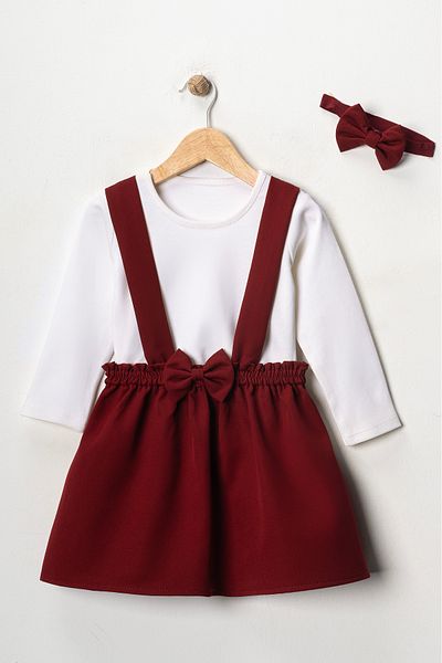 FURYATEX Girl's Baby Burgundy Crepe Dress Bandana Long Sleeve Badi Set