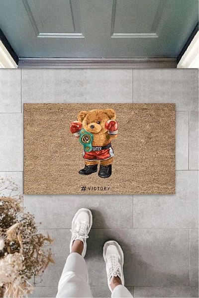 Mu Art Ahşap Bfs Decorative Digital Fighter Teddy Bear Beige Door Mat Outdoor Doormat K-3181
