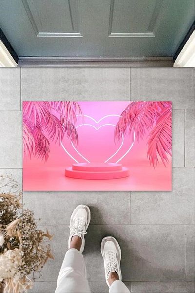 Mu Art Ahşap Bfs Digital Printing Pink Heart Door Mat K-3142