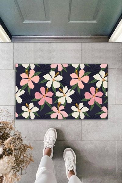 Mu Art Ahşap Bfs Decorative Digital Printing Black-Pink Flower Outdoor Doormat K-2102
