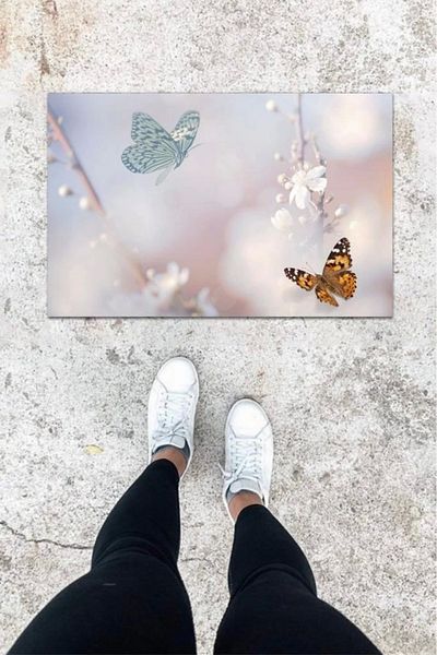 Mu Art Ahşap Bfs Digital Printing Light Blue Butterfly Pattern Door Mat K-1052