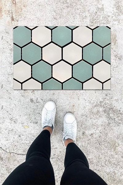 Mu Art Ahşap Bfs Digital Printing Blue Honeycomb Pattern Door Mat K-1059