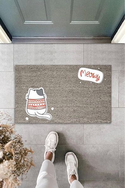 Mu Art Ahşap Bfs Digital Printing Gray Meowy Written Back Turned Sweater Cat Decorative Door Mat K-2061
