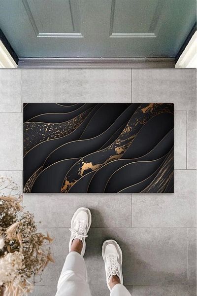 Mu Art Ahşap Bfs Digital Printing Black-Gold Wave Door Mat