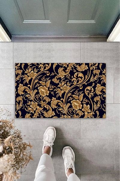 Mu Art Ahşap Bfs Decorative Digital Printing Black-Gold Flower Outdoor Doormat K-2097