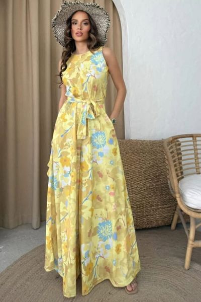 ESSFASIHON Patterned Wide Leg Thick Strap Jumpsuit with Double Side Pockets