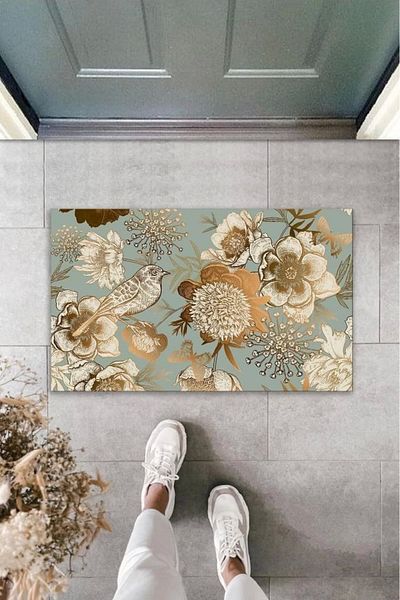 Mu Art Ahşap Bfs Decorative Digital Printing Turquoise-Gold Bird Outdoor Doormat K-2100
